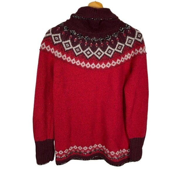 Eddie Bauer Women Fair Isle Knit Sweater Sz S Cotton  Wool Red Burgundy Cowlneck - Picture 4 of 7